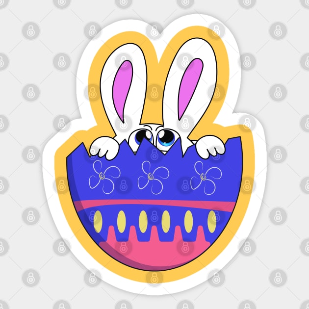 A blue-eyed Easter bunny peeks out of a cracked decorative egg. Sticker by EvgeniiV